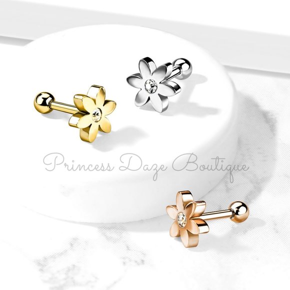 Flower with CZ Solitaire Cartilage / Tragus Barbell Stud Earrings - Picture 1 of 1